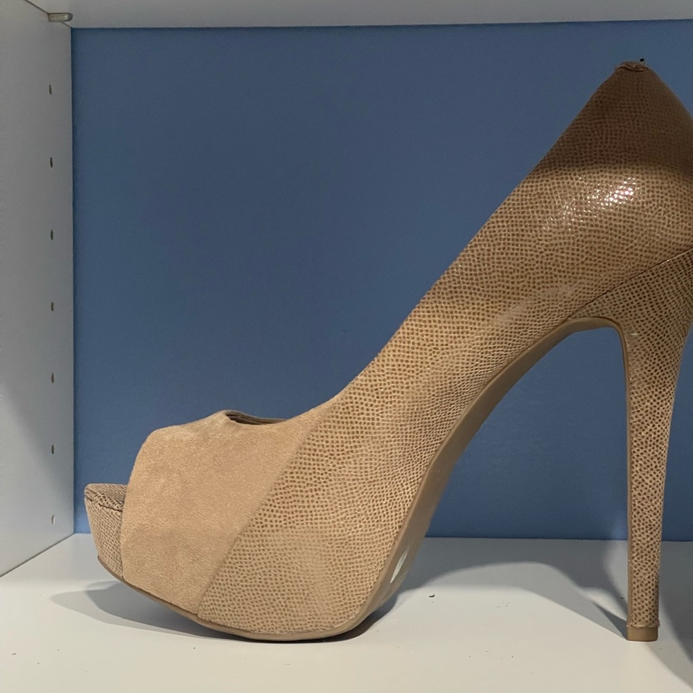 BCBGeneration Textured Tan Peep-Toe Heels